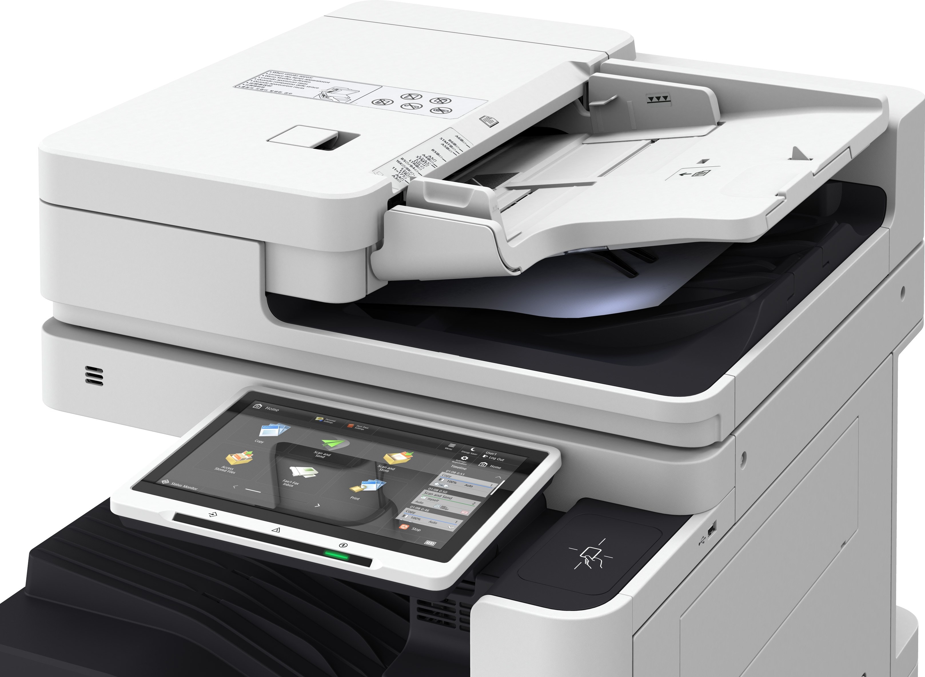 Close-up of the Canon imageRUNNER ADVANCE DX touchscreen and document feeder